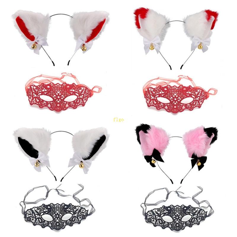 Băng Đô Cài Tóc Hình Tai Mèo Phối Ren Hoa Dễ Thương Cho Nữ