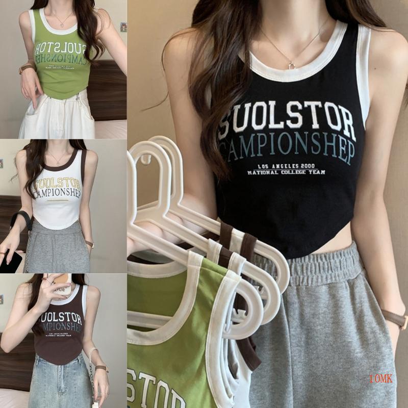 Áo Croptop Sát Nách Dáng Ôm In Chữ Màu Khối Kiểu Vintage Những Năm 90 Cho Nữ
