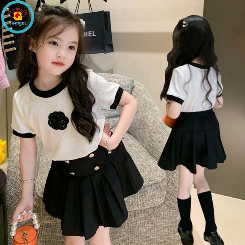 Iq Set Áo Thun Ngắn Tay + Chân Váy Ngắn Đính Kim Tuyến Lấp Lánh Thời Trang Cho Bé Gái