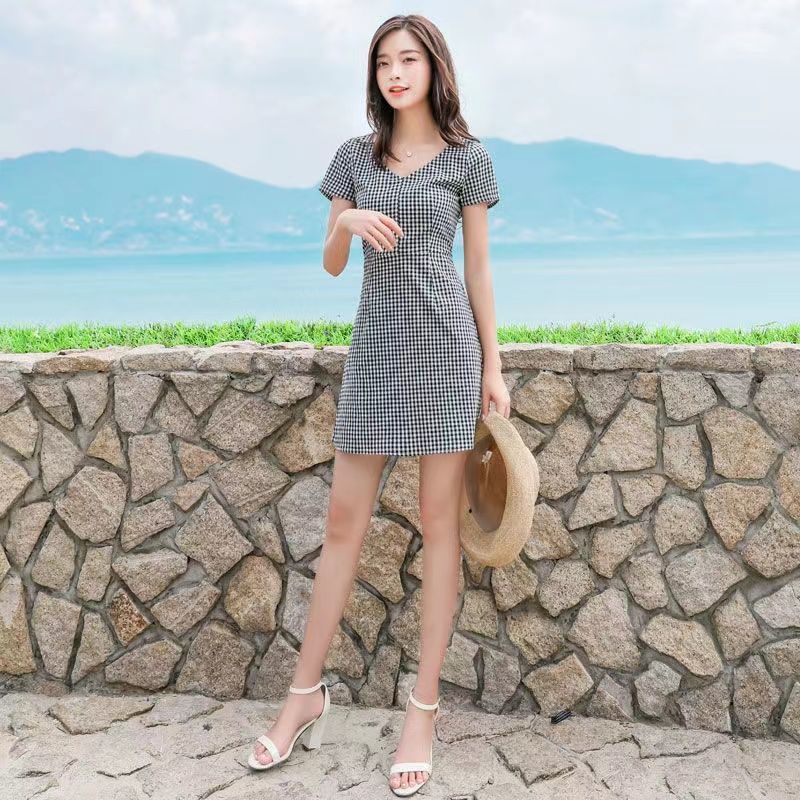 Đầm Nữ Cổ Chữ V Ôm Dáng Họa Tiết Caro Phong Cách Hàn Quốc Thời Trang Mùa Hè Mới