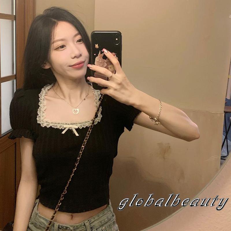 Áo Croptop Cổ Vuông Tay Phồng Phối Ren Thời Trang Mùa Hè Cho Nữ