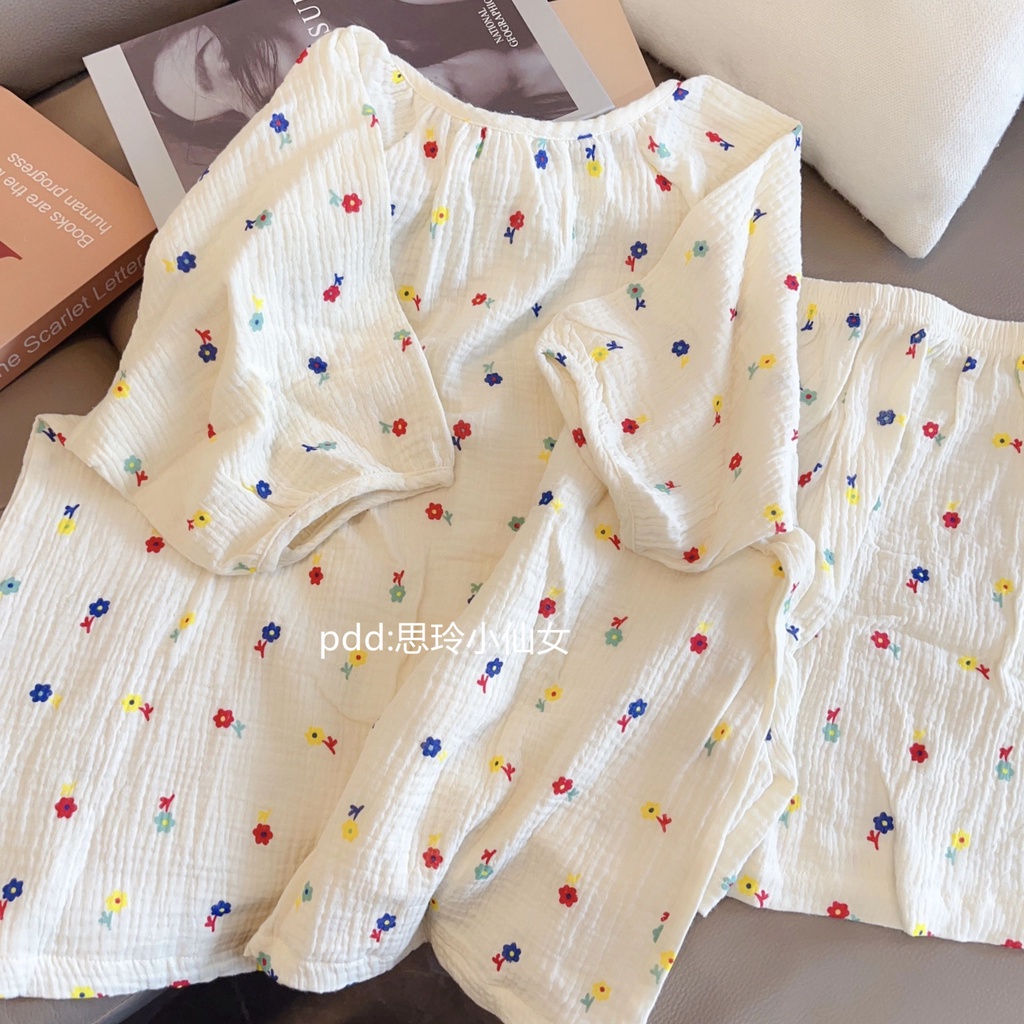 Bộ Đồ Ngủ Ngắn Tay Họa Tiết Hoa Thời Trang Mùa Hè Hàn Quốc Mới Cho Nữ