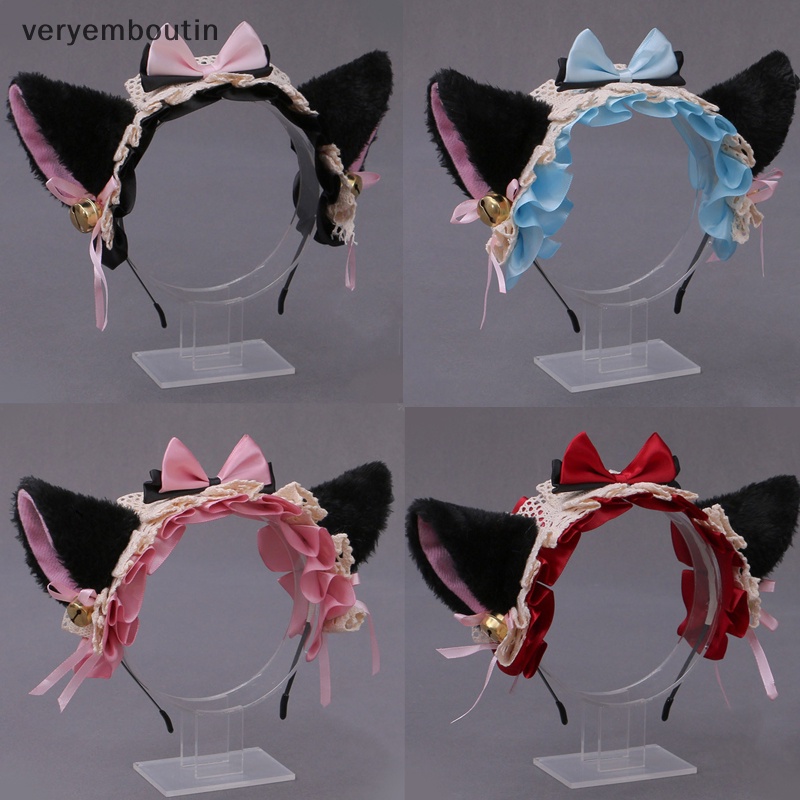 Băng Đô Tai Mèo Lông Xù Phối Ren Đính Chuông Hóa Trang Lolita