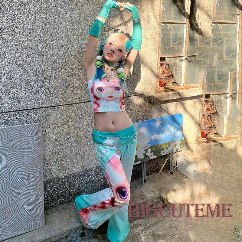 [] - Áo hai dây / Quần Dài / Áo Không Tay In Hình Búp Bê Kèm Quần Lưng Thấp Thời Trang Mùa Hè Cho Nữ