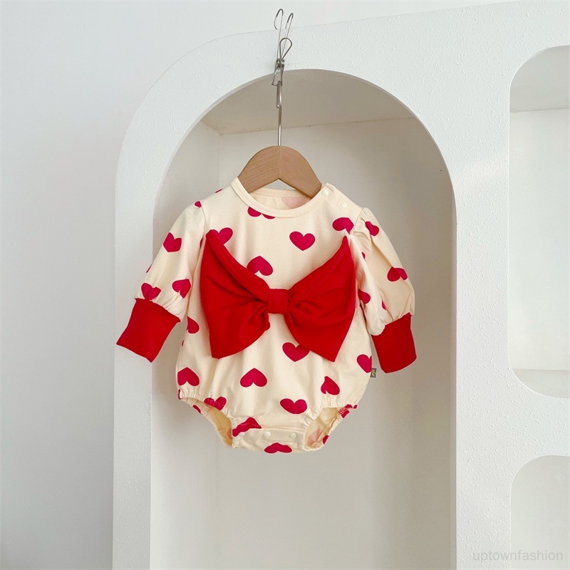 Áo Liền Quần Dài Tay Cổ Tròn In Họa Tiết Trái Tim Thời Trang Xuân Thu Cho Bé Gái