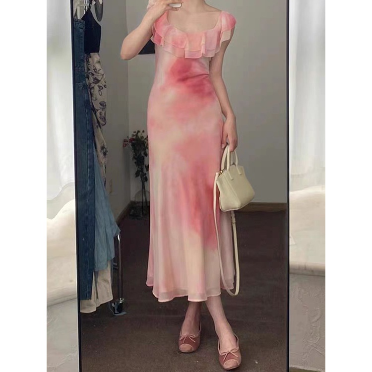 Đầm Chiffon Cổ Vuông Viền Bèo Màu Hồng Phong Cách Hàn Quốc Chất Lượng Cao