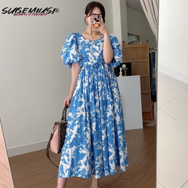 Sugemiusi Đầm Tay Phồng Cổ Vuông Hở Lưng Cột Dây Dáng Rộng In Mực Sang Trọng Cổ Điển Hàn Quốc Cho Nữ