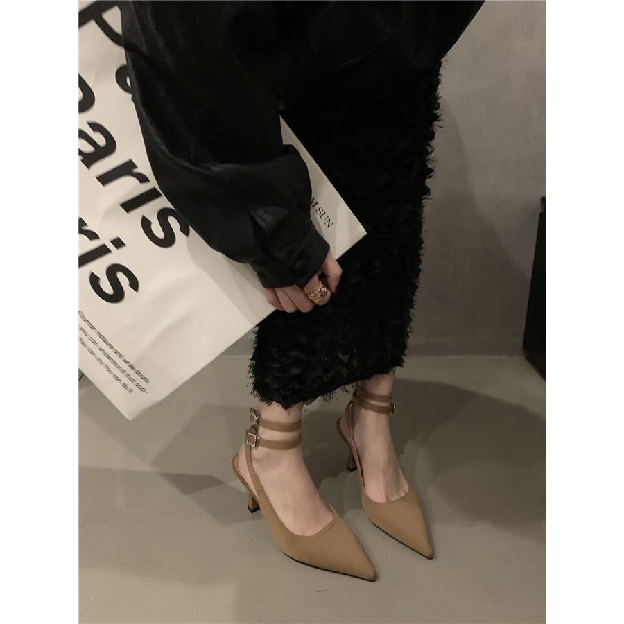 French pointed high-heeled shoes evening wind Korean style slippers with skirt black sandals 2023 Spring and Autumn British women's shoes QNGY