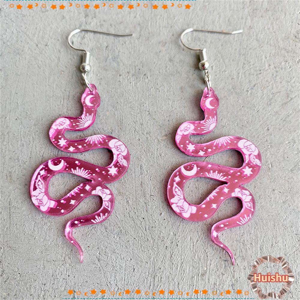 HS Bông Tai Acrylic Hình Con Rắn Và Hoa Màu Hồng Vàng