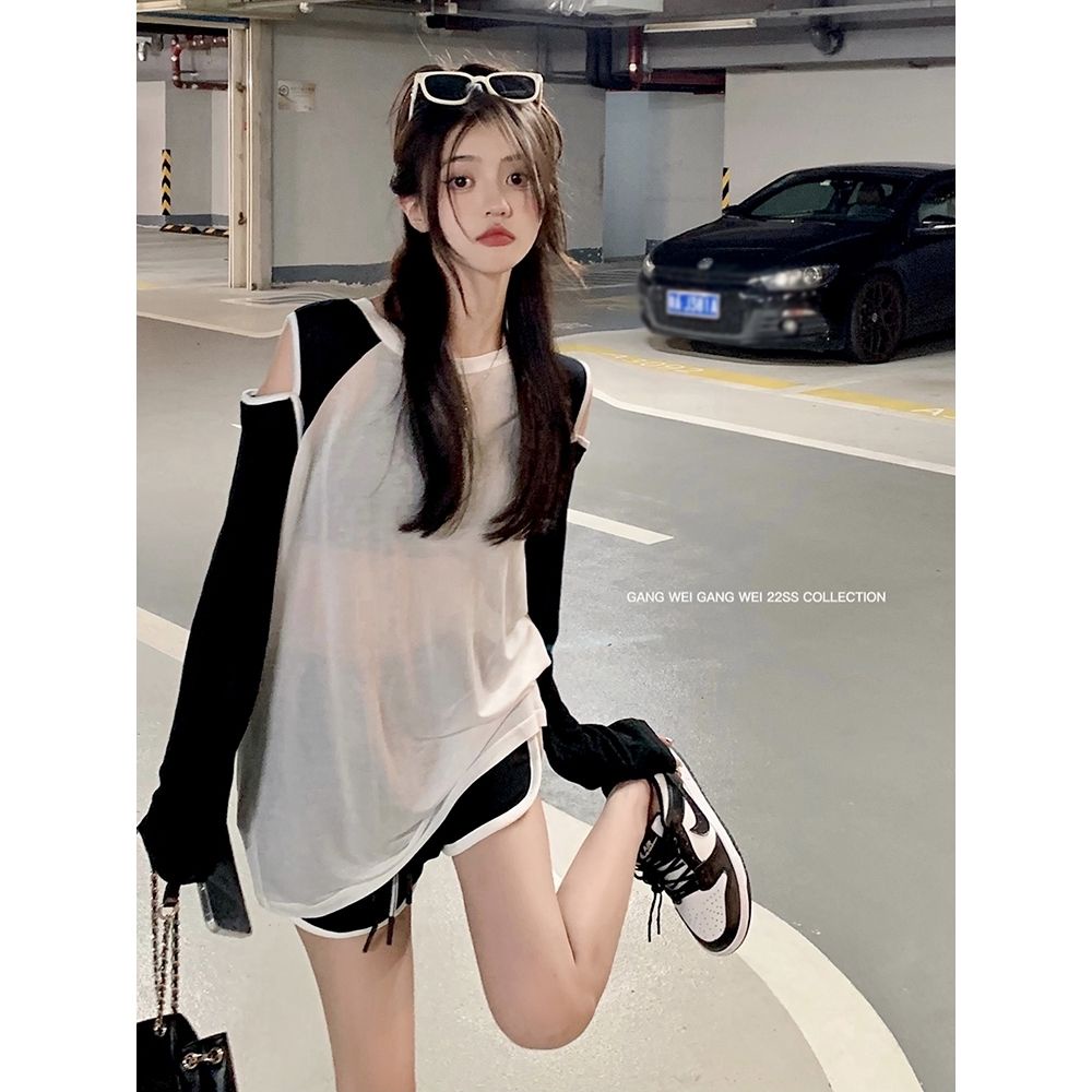 Áo Thun Tay Dài Trễ Vai Mỏng Chống Nắng Phối Màu Tương Phản Thời Trang Mùa Hè Cho Nữ