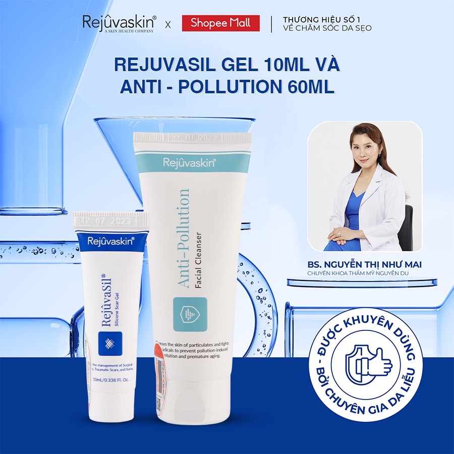 Combo chăm sóc da Rejuvaskin ngăn ngừa sẹo, làm xẹp sẹo lồi, sẹo phì đại Silicone Rejuvasil Gel 10ml và SRM 60ml- 