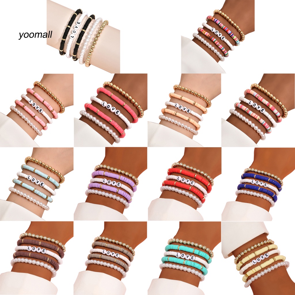 Set 5 Vòng Tay Hạt Đất Sét Polymer Nhiều Màu Sắc In Chữ Love Phong Cách Bohemian