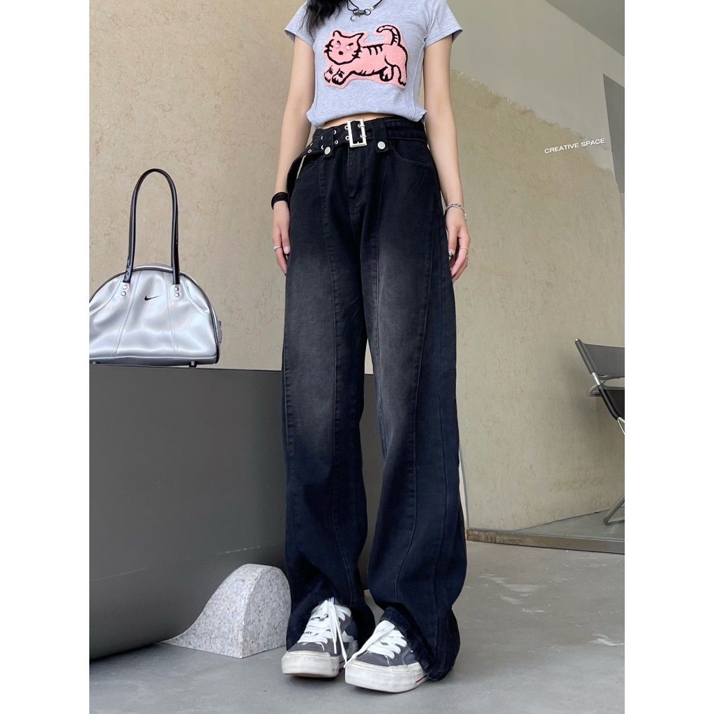 Quần Jean Ống Rộng Phối Thắt Lưng Phong Cách Retro Mỹ Cho Nữ