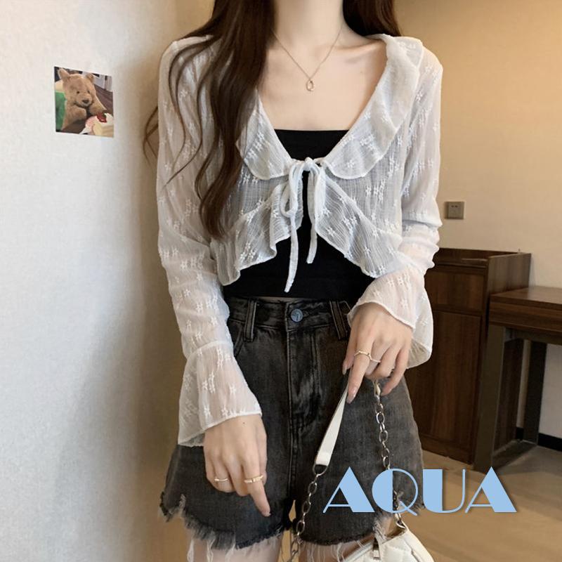 Áo Cardigan Ren Hoa Nhún Bèo Phía Trước Chống Bụi Bẩn Tay Dài Cho Nữ