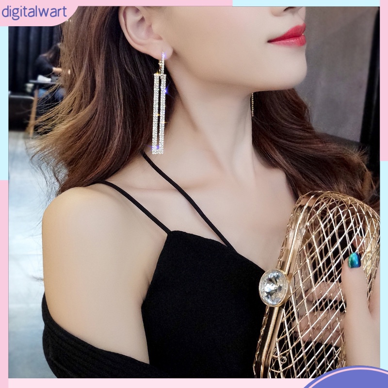 Bông Tai Hình Chữ Nhật Dáng Dài Đính Đá Pha Lê Phong Cách Hàn Quốc