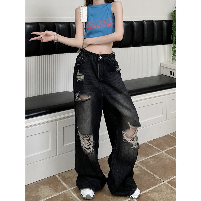 Quần Jeans Nữ Lưng Cao Ống Rộng Rách Gối Màu Đen Cá Tính