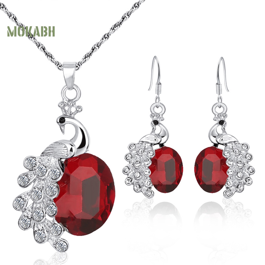 Bộ 2 Vòng cổ + Bông Tai Hình Chim Công Đính Đá Lấp Lánh