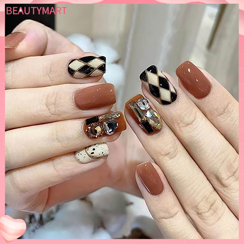 Bộ 24 Móng Tay Giả Đính Pha Lê Lấp Lánh Dễ Tháo Rời Dùng Trang Trí Móng Tay Mùa Thu Đông DIY