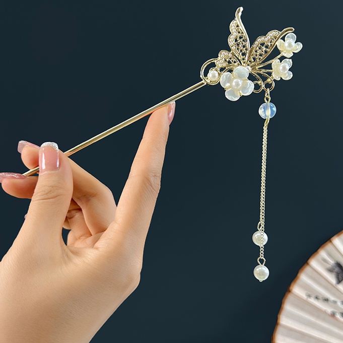 Trâm Cài Tóc Hình Bướm Đính Ngọc Trai Phong Cách Trung Quốc