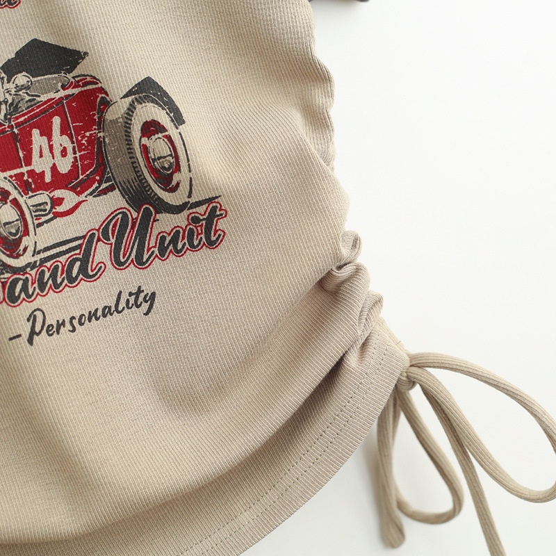 Áo Thun Tay Ngắn Phối Dây Rút Họa Tiết In Phong Cách Mỹ Thời Trang Mùa Hè Cho Nữ AC0468