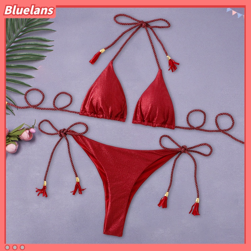 Bộ Đồ Bơi 2 Mảnh Vải Mềm Màu Trơn Có Mút Đệm Dành Cho Nữ