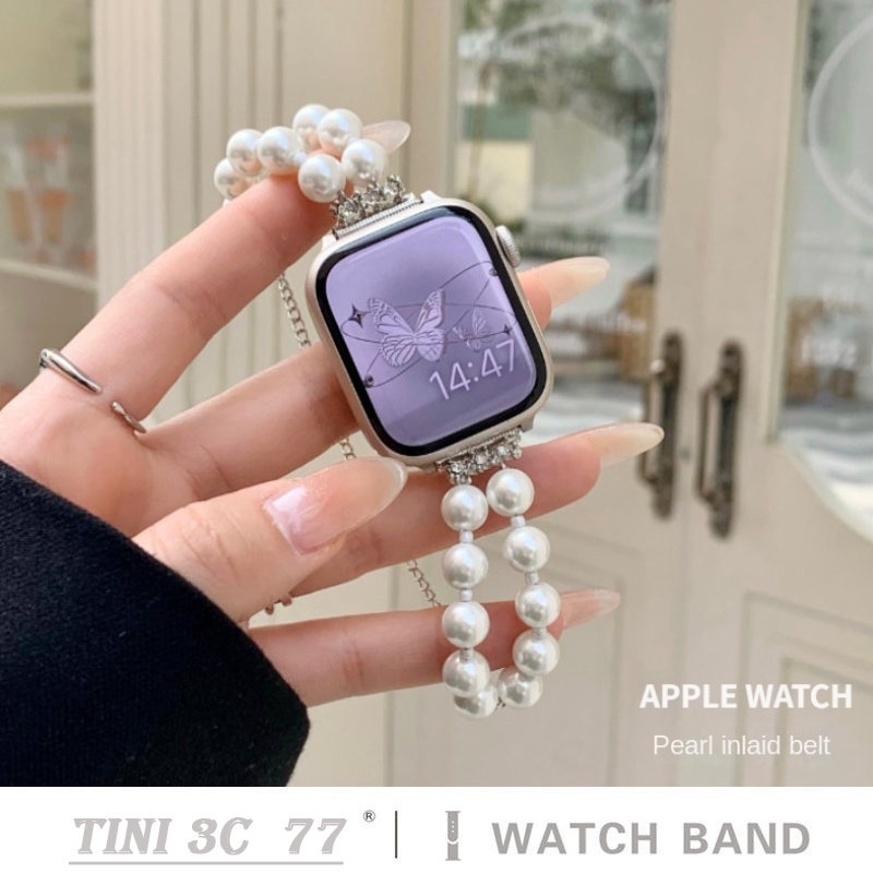 Dây Đeo Chuỗi Hạt Ngọc Trai Cho iWatch 45mm 41mm 8/7 44mm 40mm 49mm Apple Watch Series 8 7 Ultra SE 6 5 4 3 S8