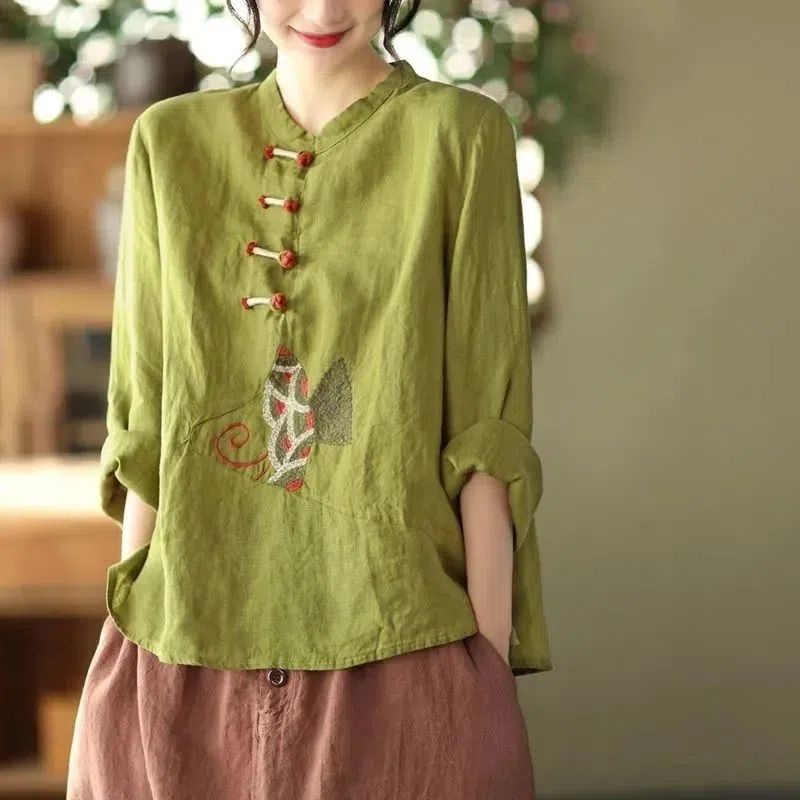 Áo Sơ Mi Vải Lanh Cotton Phong Cách Retro Mùa Hè Mới Cho Nữ