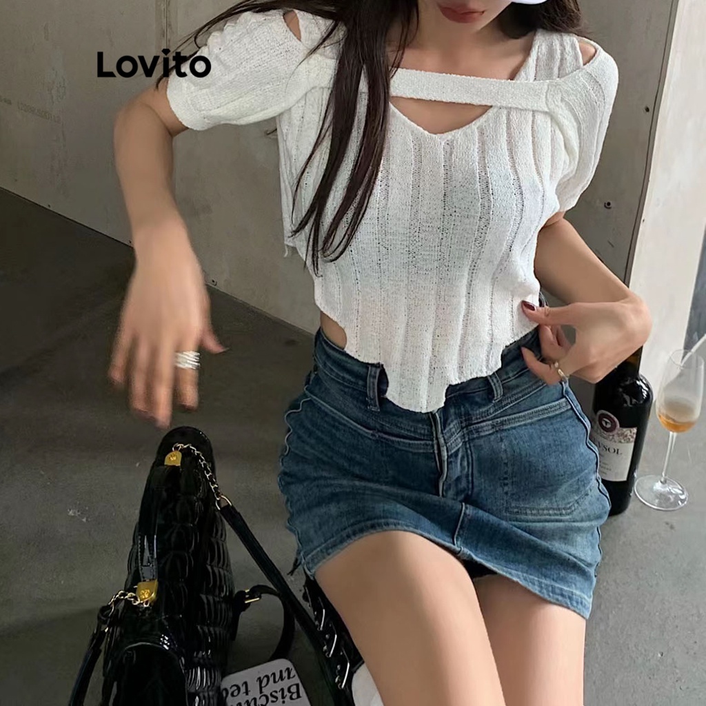 Lovito Áo dệt kim họa tiết bất đối xứng, trơn đơn giản, thường ngày cho nữ LNA09188 (Trắng đen)