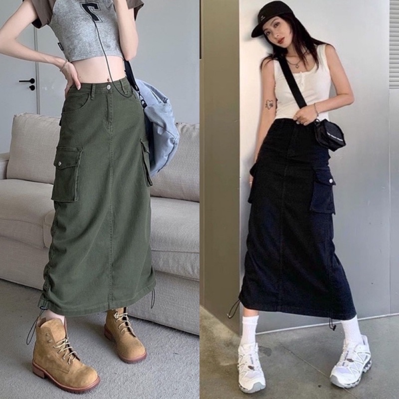 Chân váy kaki dáng dài hai rút hai bên dài, Chân Váy Dài KaKi Chữ A Lưng Cao Túi Hộp Dây Rút Uk alohashop91