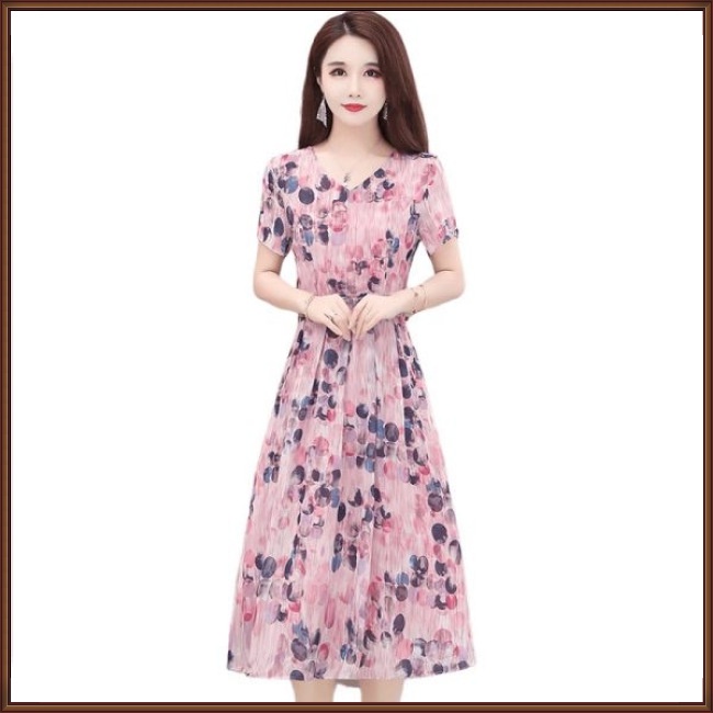 Đầm Midi Tay Ngắn Cổ Chữ V Họa Tiết Chấm Bi Thời Trang Mùa Hè Xinh Xắn Cho Nữ