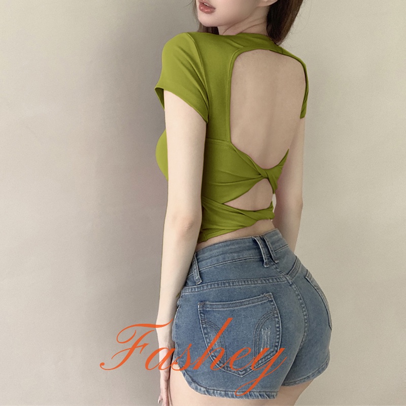 Fashey Áo Sơ Mi Nam - Áo Sơ Mi Có Đệm Ngực Gợi Cảm Hở Lưng Vai Ngắn Tay Ngắn Tay - Thiết Kế Áo Sơ Mi Sense Eo Thon Hot Girl Top Summer Bow