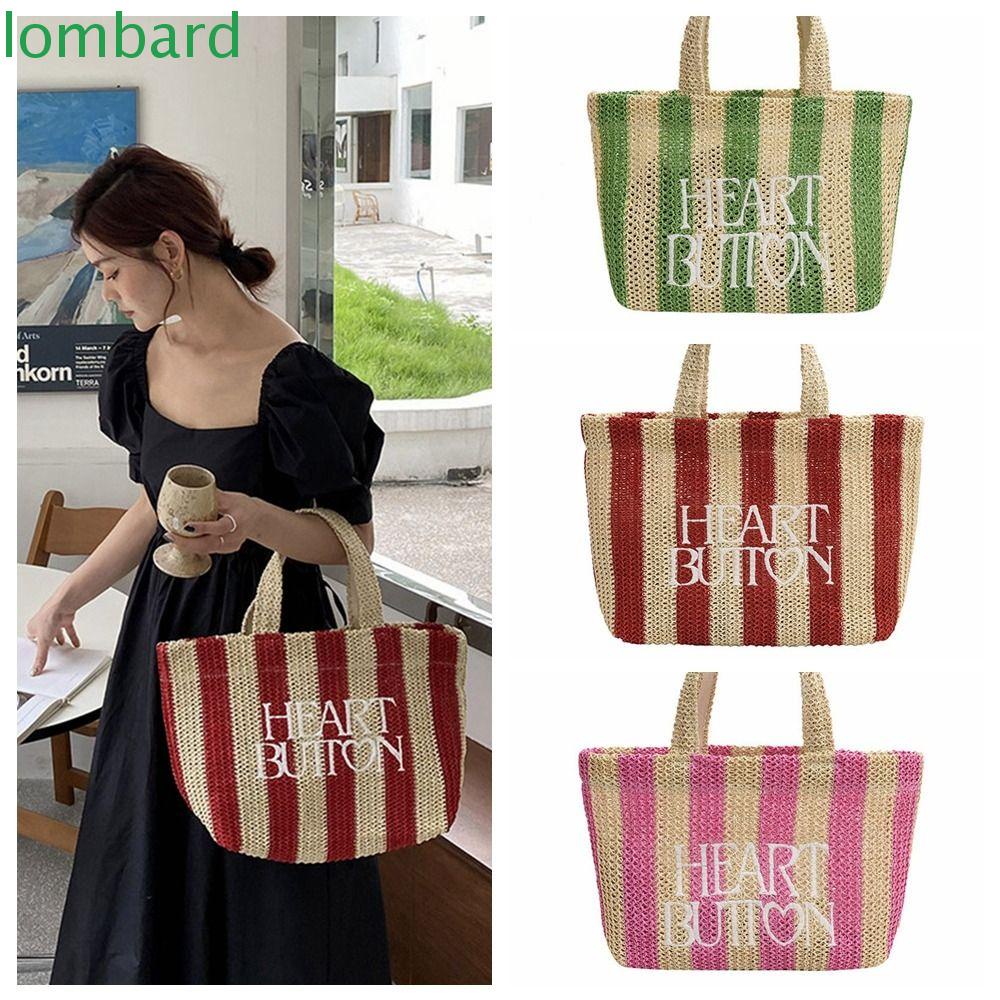 Túi Đeo Vai Đan Rơm Thủ Công Họa Tiết Kẻ Sọc In Chữ Phong Cách Bohemian Dễ Thương Cho Nữ