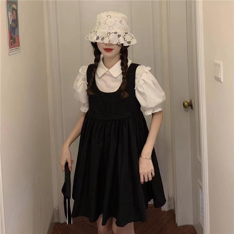 Set Áo Tay Ngắn Phồng + Chân Váy Chữ A Phong Cách Hàn Quốc Dành Cho Nữ