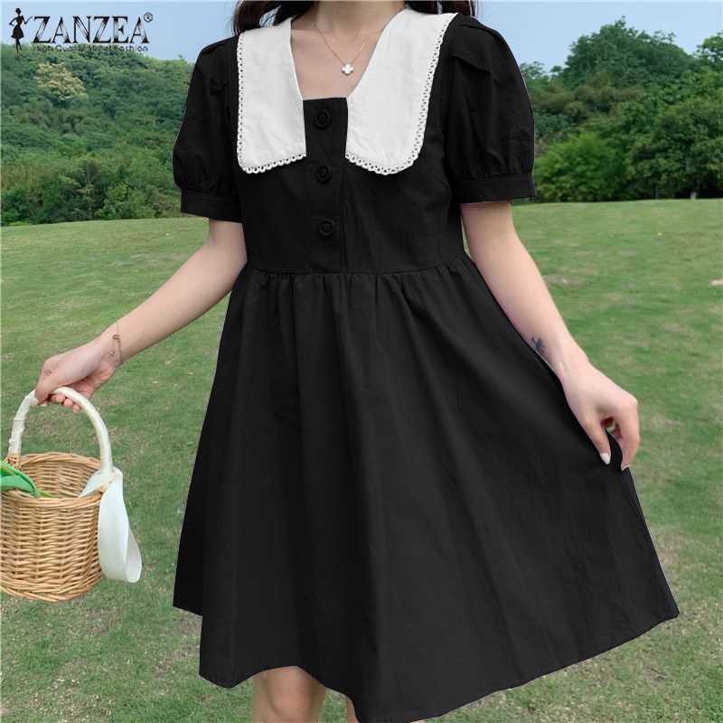 ZANZEA Đầm Mini Tay Ngắn Màu Trơn Dáng Rộng Phong Cách Hàn Quốc Thời Trang Cho Nữ