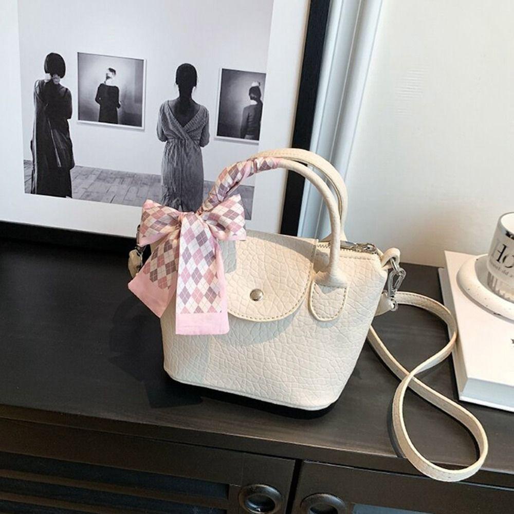 Túi Xách Da Pu Đeo Chéo Phối Khăn Lụa Và Khóa Kéo Thời Trang Cho Học Sinh