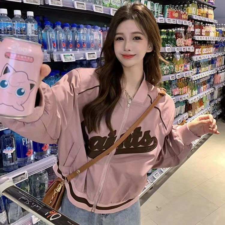 Áo Khoác Bóng Chày Cổ Đứng Dáng Rộng Thêu Chữ Thời Trang Xuân Thu Cho Nữ