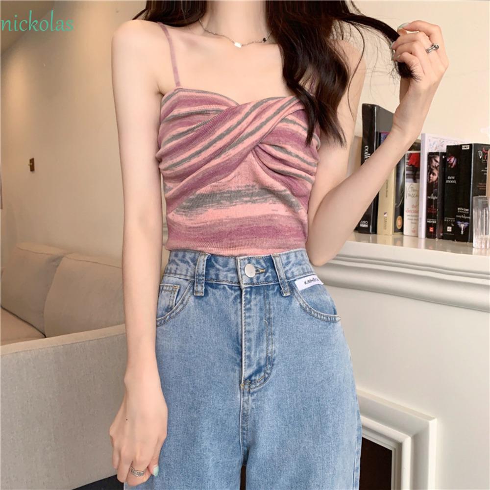 Nickolas Áo Croptop Hai Dây Dệt Kim Ôm Dáng Hai Dây Polyester Kẻ Sọc Gợi Cảm Mặc Ngoài Đi Biển Kỳ Nghỉ Mát Mẻ Cho Nữ