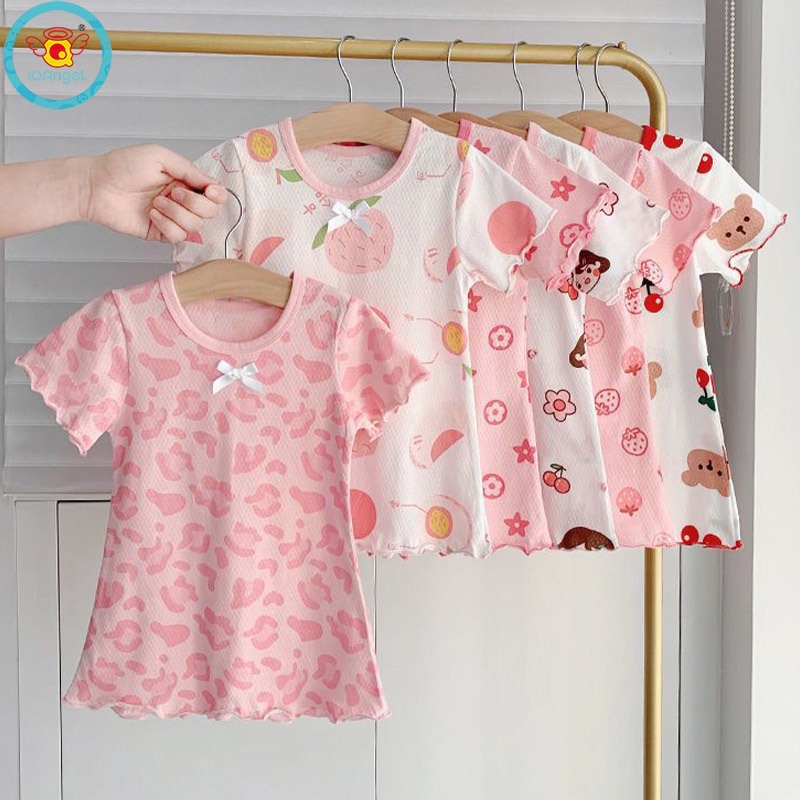 Đầm Vải Lụa Lạnh Tay Ngắn Dáng Rộng Đính Nơ Phối Bèo Dễ Thương Cho Bé Gái