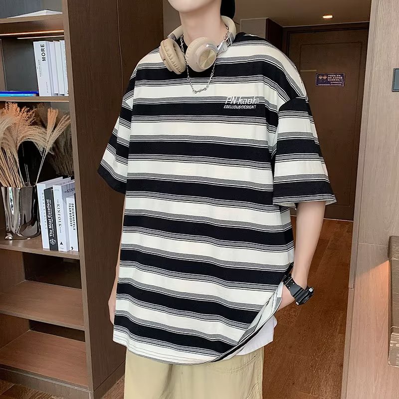 Áo Thun Ngắn Tay Họa Tiết Kẻ Sọc Thời Trang Hàn Quốc Cho Nam