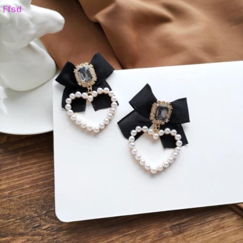 {Ffsd} Khuyên Tai Hình Nơ Đen Đính Ngọc Trai Nhân Tạo Ngọt Ngào