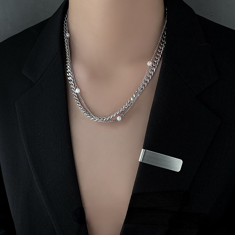 Vòng cổ Hai Lớp Đính Ngọc Trai Phong Cách Hip Hop Thời Trang Cho Nam Và Nữ