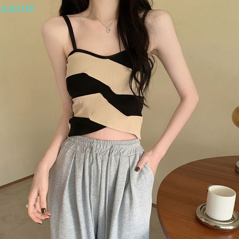 Áo Croptop Dệt Kim Không Tay Dáng Ôm Họa Tiết Kẻ Sọc Màu Sắc Thời Trang Mùa Hè Quyến Rũ Cho Nữ