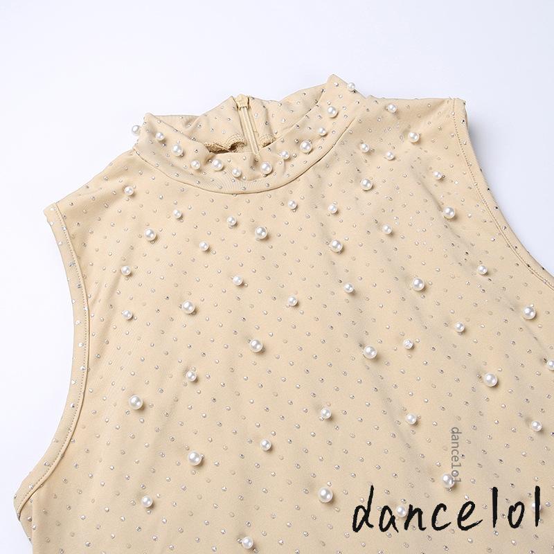 Đầm Mini Nhảy Múa Ôm Dáng Không Tay Cổ Giả Ngọc Trai Có Khóa Kéo Sau Lưng Đính Đá 1O1 Cho Nữ