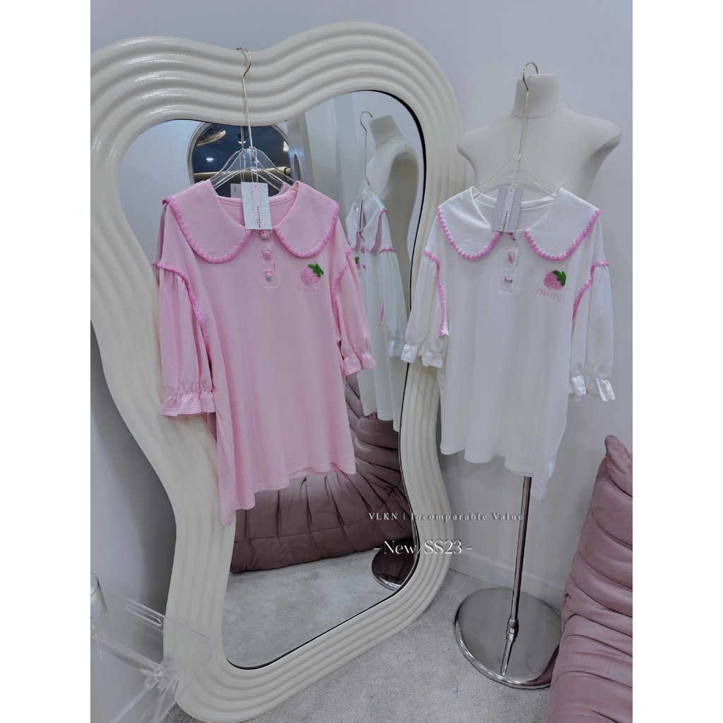 Đầm trái dâu mimi cổ sen viền