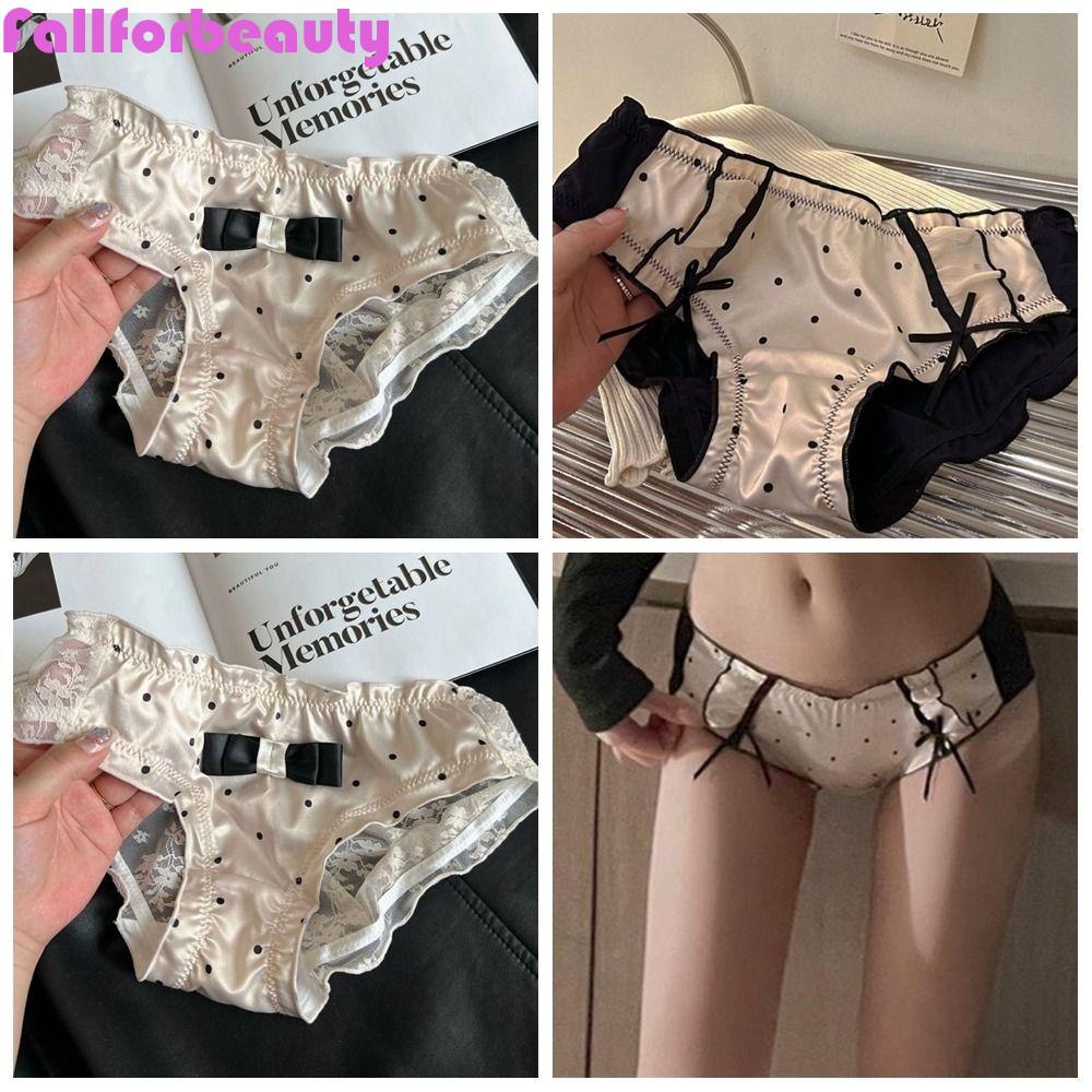 FALLFORBEAUTY Quần Lót Vải Satin Siêu Mỏng Mềm Mại Phối Ren Và Nơ Phong Cách Hàn Quốc
