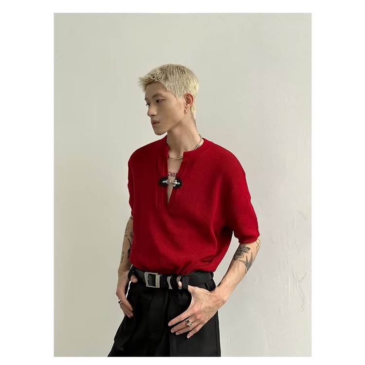 Áo Thun Tay Ngắn Cổ Chữ V Bằng Da Cao Cấp Phối Nút Độc Đáo Thời Trang Mùa Hè