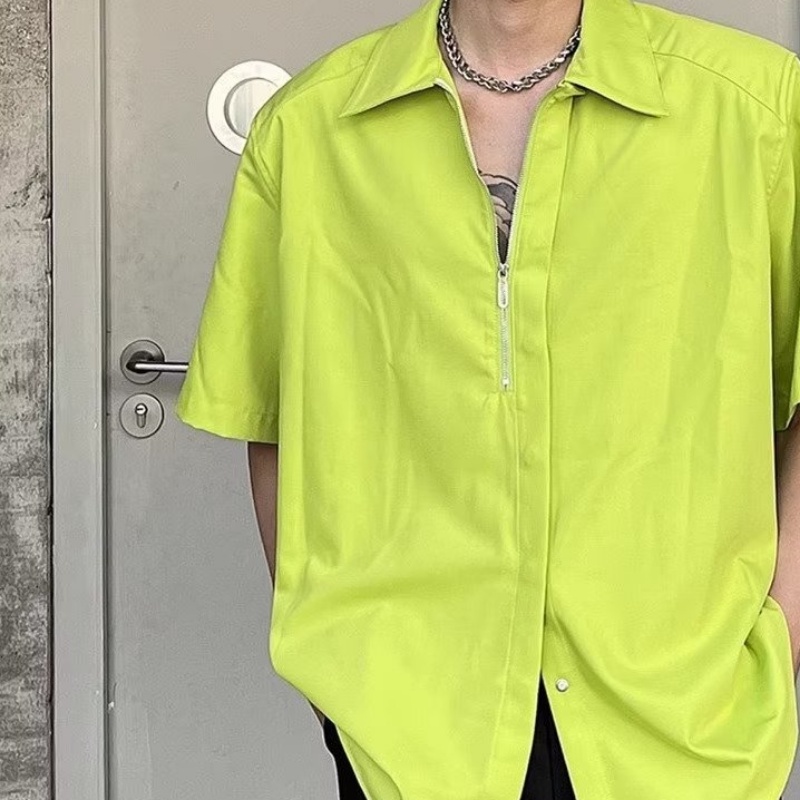Áo Sơ Mi Tay Ngắn Dáng Rộng Màu Trơn Có Khóa Kéo Phong Cách Hàn Quốc Thời Trang Mùa Hè Hàng Mới Dành Cho Bạn Nam