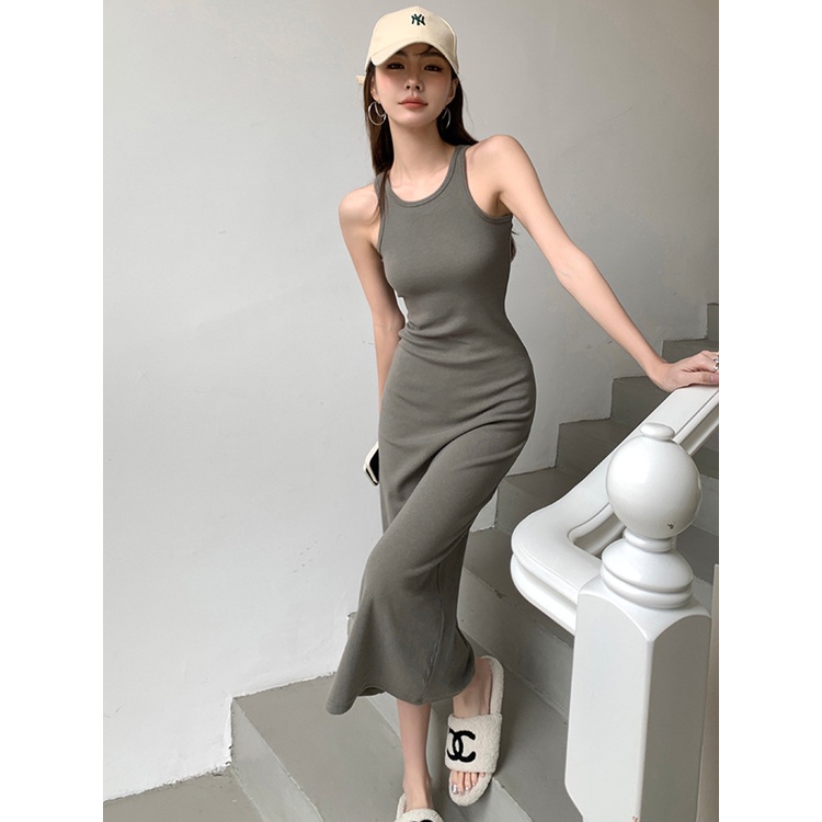 Mùa hè sexy không tay váy thời trang đơn giản phong cách rắn màu váy maxi HZFWC6971