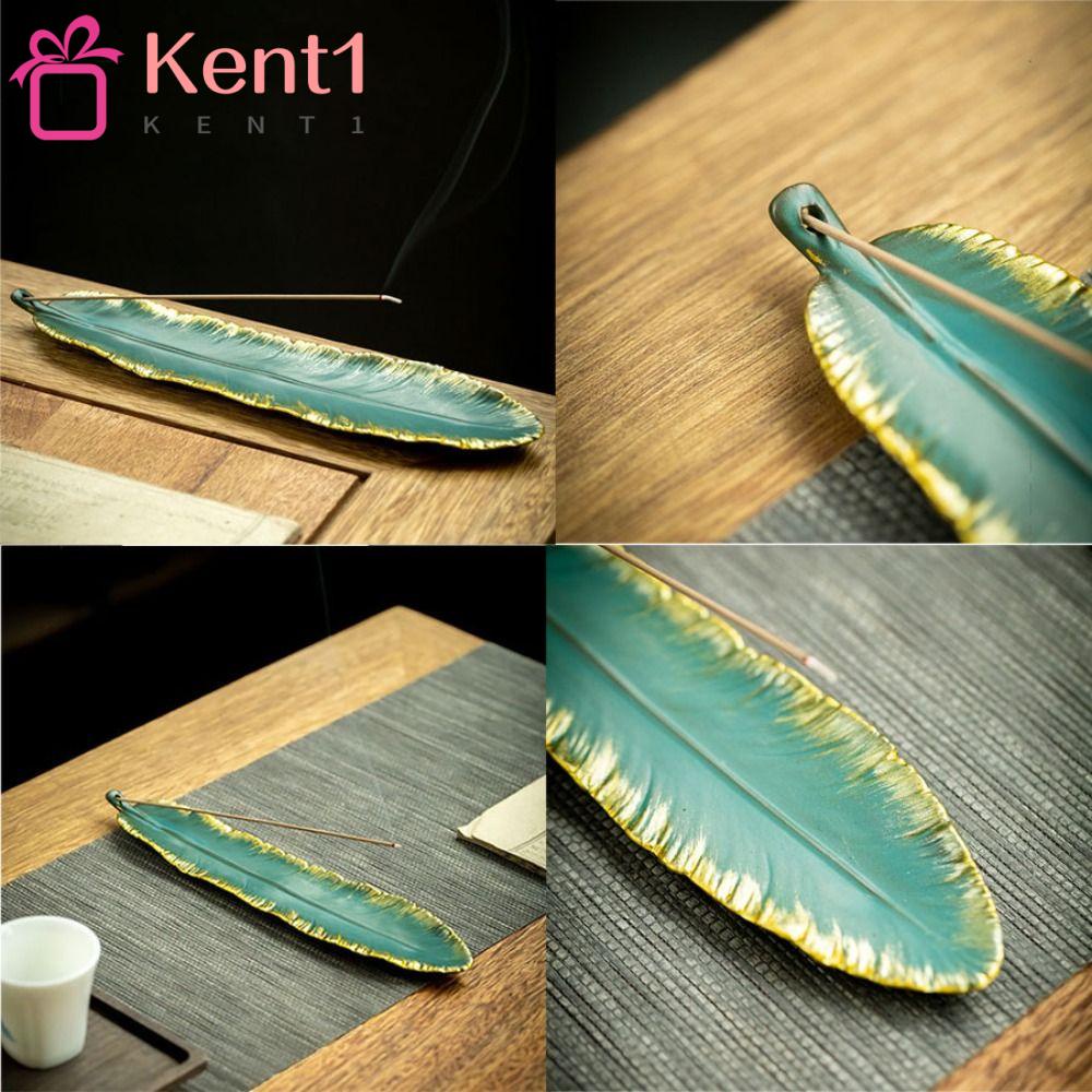 KENT1 Bộ 2 Đế Đốt Trầm Hương Bằng Sứ Hình Lông Vũ Màu Xanh Lá 9 * 2 Inch Độc Đáo Trang Trí Nhà Cửa