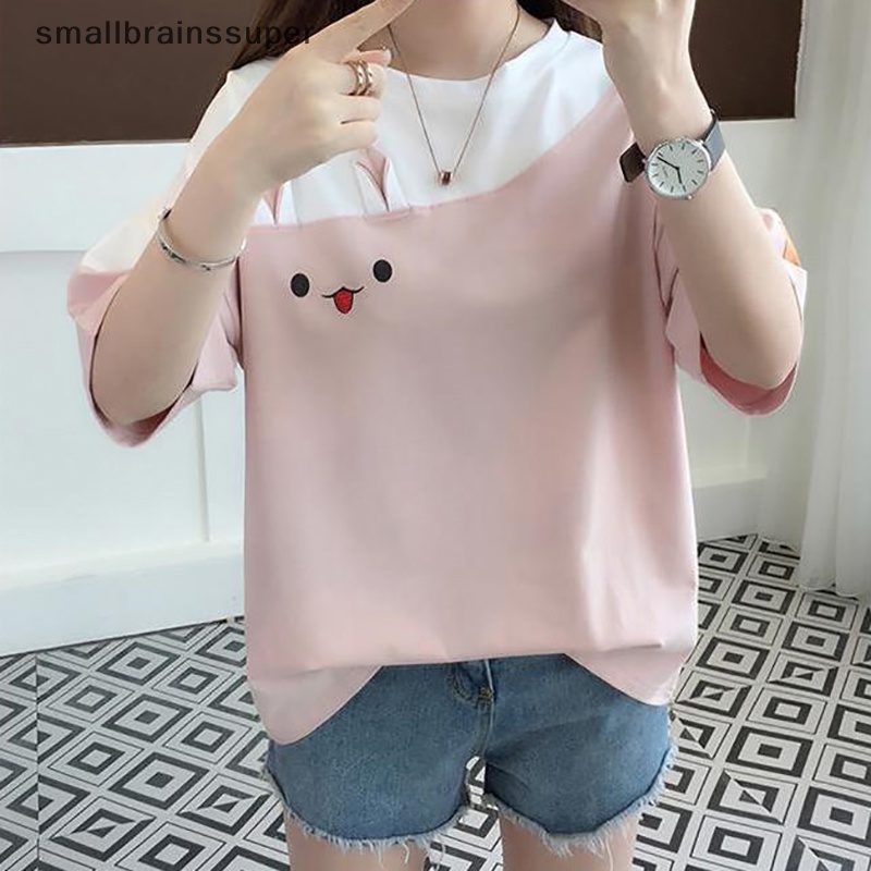 Áo Thun Ngắn Tay Cổ Tròn Thêu Hình Thỏ Thời Trang Mùa Hè Dành Cho Nữ SBS